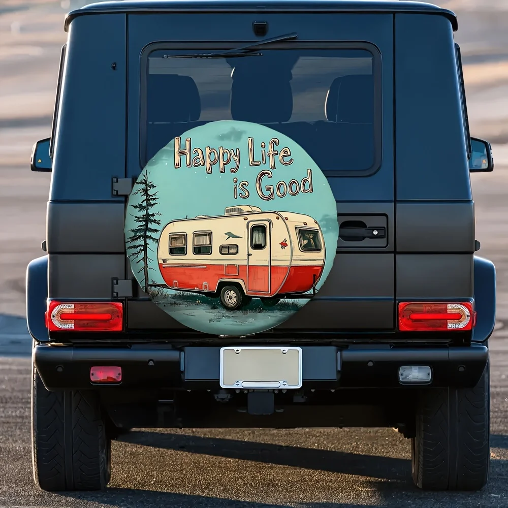 1pc Happy Life RV Tire Cover - Durable 100% Polyester Fabric, Retro Camper Design With Pine Trees & Stars, Fit For Desert Parkin