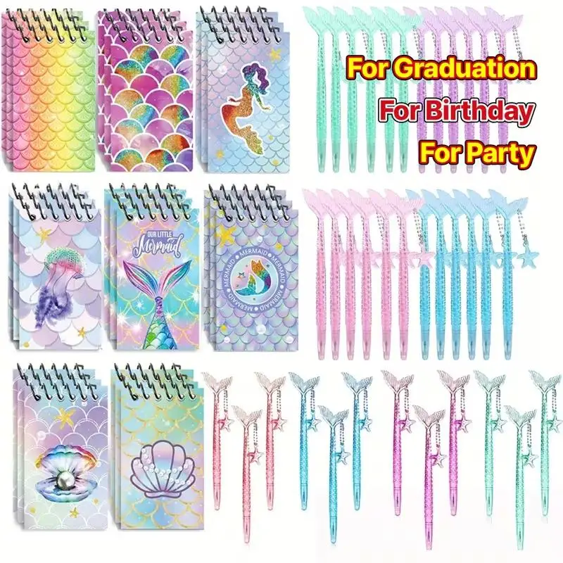 Notizbuch mit Meerjungfrauen-Motiv und schwarzem Stift, für Kinder, kleine Meerjungfrauen-Geburtstagsdekoration, Gastgeschenke, Ozean-Unterwasser-Party-Zubehör, Gastgeschenk