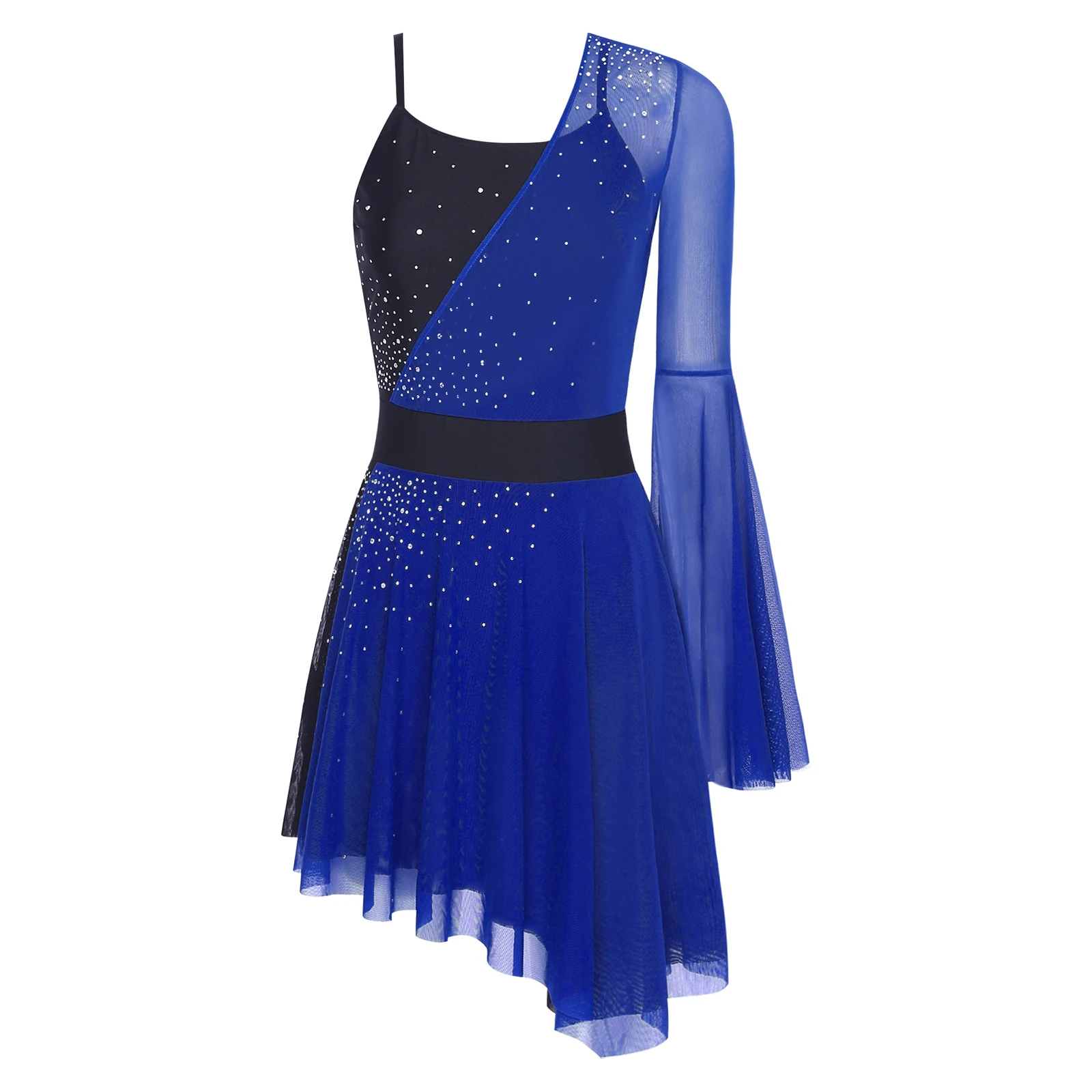 Women Shiny Figure Skating Dress Mesh One Flare Sleeve Built-in Briefs Irregular Leotard Dress Modern Contemporary Dance Costume