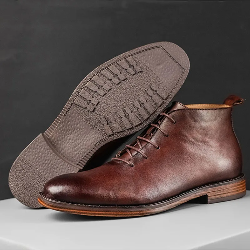Ankle Boots For Men High Quality Genuine Leather Shoes Elegant Lace Up Business Office Footwear High Top Dress Shoes