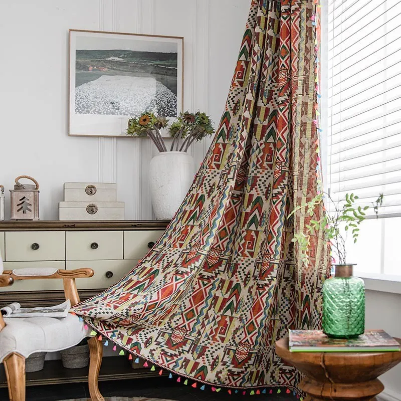 Bohemia Cotton Linen Curtain with Colorful Fringe Geometry Semi-shading Home Decor Thick Kitchen Short Curtain for Living Room