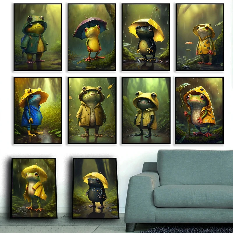 Be Happy Frog Rain Poster Cute Animal Frog in Raincoat Umbrella Prints Canvas Painting Home Kids Room Decor Wall Art Pictures