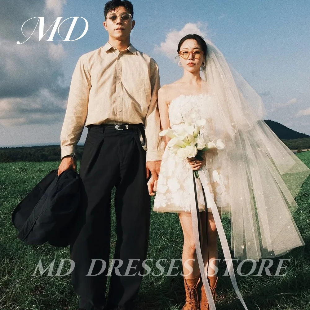 MD Simple White Short A-line Wedding Dresses For Woman Sleeveless Applique  Korea Photo shooting 웨딩드레스 Customized Bride Gowns