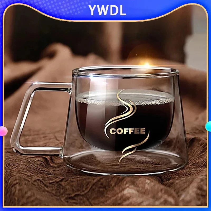 

YWDL 200ml Double Wall Glass Coffee Mug with Handle Transparent Heat-resistant Espresso Cup Breakfast Latte Cappuccino Tea Cup