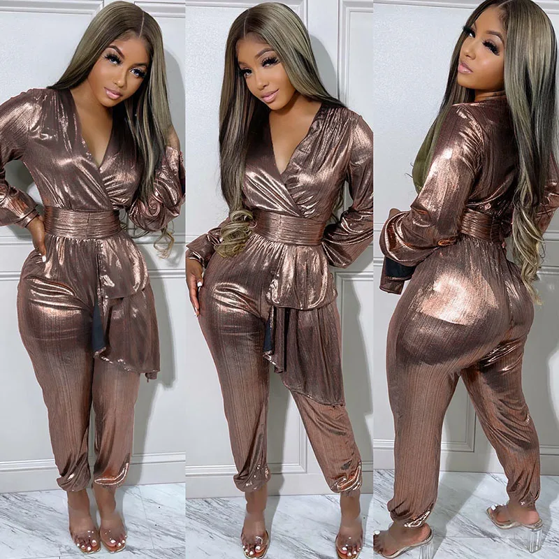 Sparkly Metallic Night Club Jumpsuit Women Party Long Sleeve Romper Sexy V-neck High Waist Jumpsuits Overalls Birthday Outfits