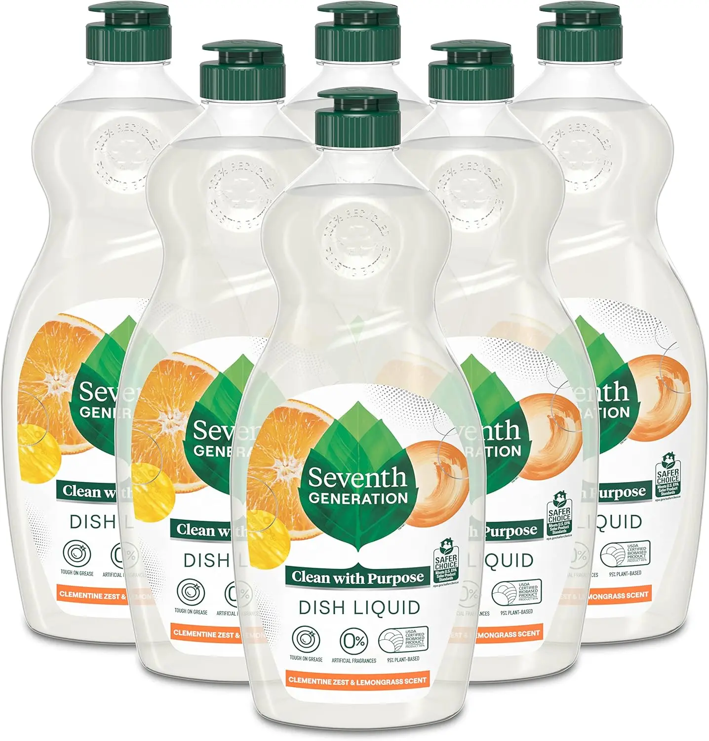

Natural Dishwashing Liquid Soap, Clementine Zest & Lemongrass Scent, Pack of 6 Bottles, 19 oz Each