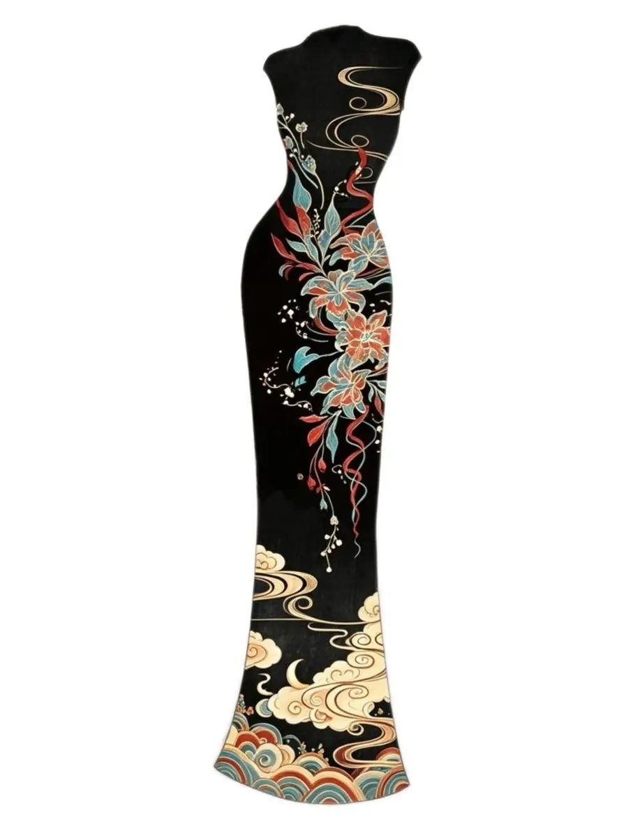 New Chinese Style Evening Gown Women's Sleeveless Tailored  Dress with Golden Clouds And Flowers for Summer Season