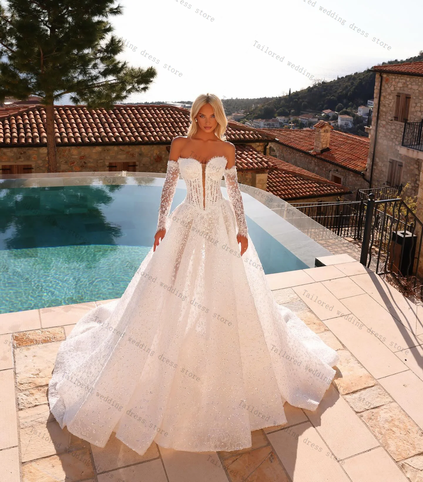 فساتين زفاف فاخرة من الدانتيل حورية البحر للنساء مثيرة بدون أكتاف وأكمام طويلة فستان زفاف فاخر مزين حسب الطلب بأربطة من الخلف