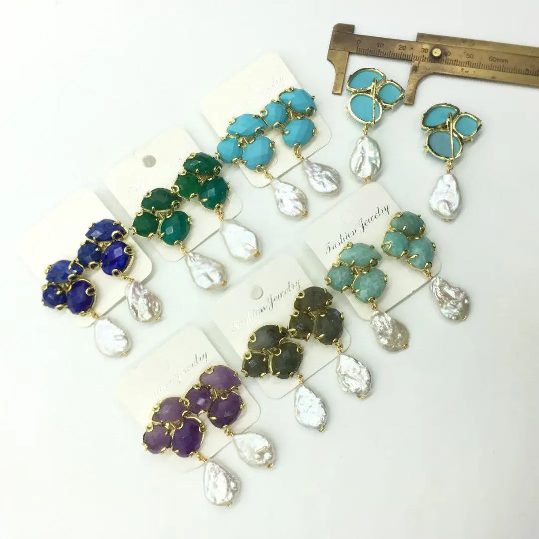 

WT-MPE168 Texture Elegant Design Gemstone&Freshwater Preal Design Lapics Turquoise Stone Mid-length Classic Personality Earring