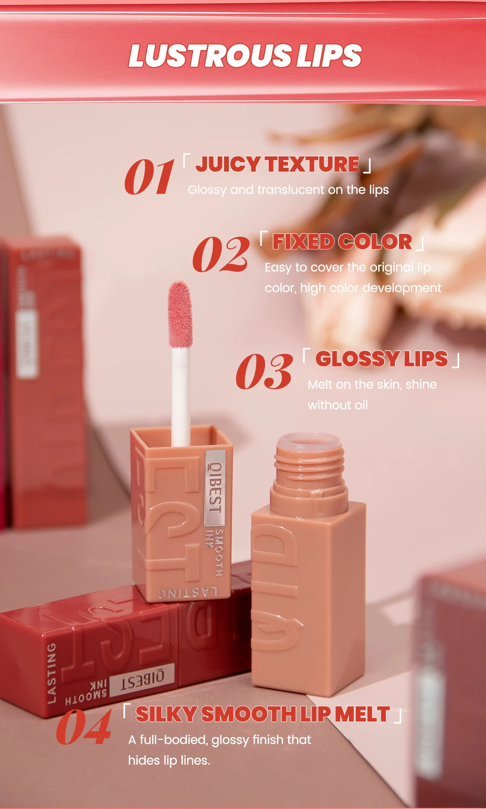QIBEST Wässrige Glanz-Lippenglasur, feuchtigkeitsspendend, langlebig, sexy roter flüssiger Lippenstift, spiegelglänzender Lipgloss, Tönung, Kosmetik für Frauen – Detail 4