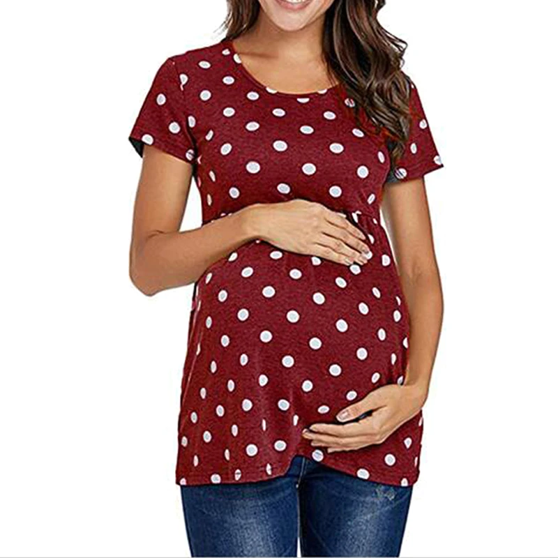 Camiseta informal de maternidad para mujer, Blusa de manga corta con estampado de lunares, ropa de embarazo