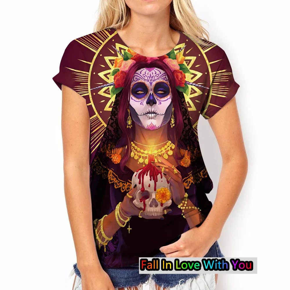 Day of the Dead Dress Up 3D Printed Womens TShirt Fashion Rose Skull Graphic Tee Casual O-Neck Streetwear Oversized Short Sleeve