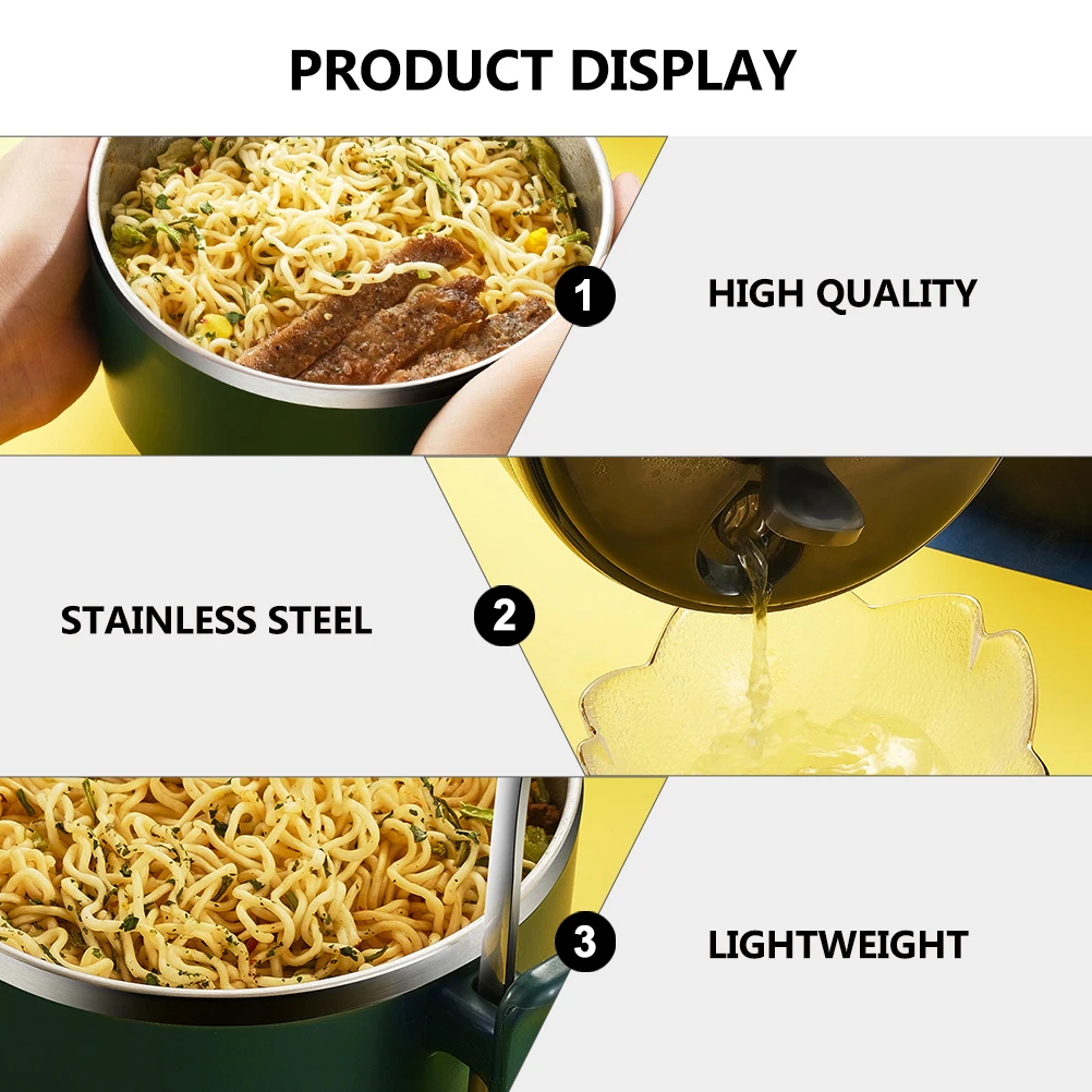 

1Pcs Stainless Steel Noodle Bowl with Handle Lid Heat Insulation Lightweight Food Serving Bowl for Home Work School Outdoor Use