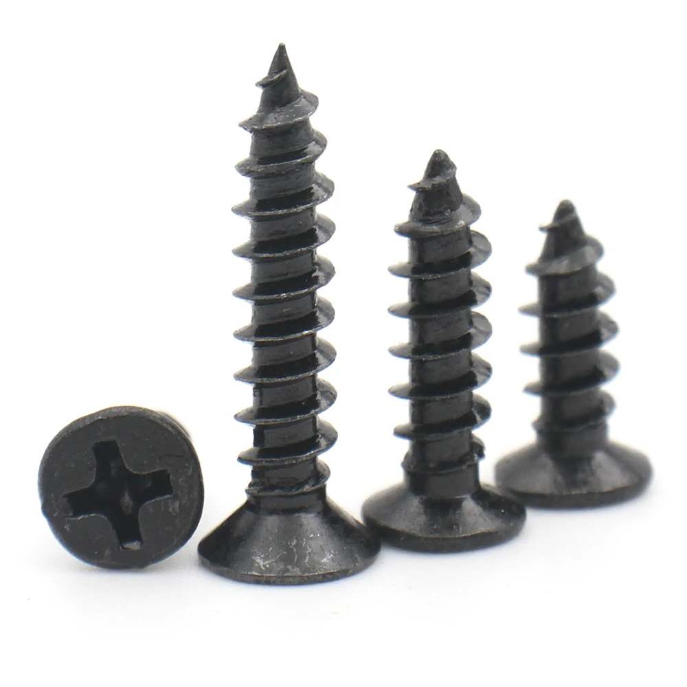 100 Stück M1 M1,2 M1,4 M1,5 M2 M2,6 M3 M3,5 M4 M5 schwarzer Kohlenstoffstahl Kreuzschlitz Senkkopf Flachkopf selbstschneidende Schraube