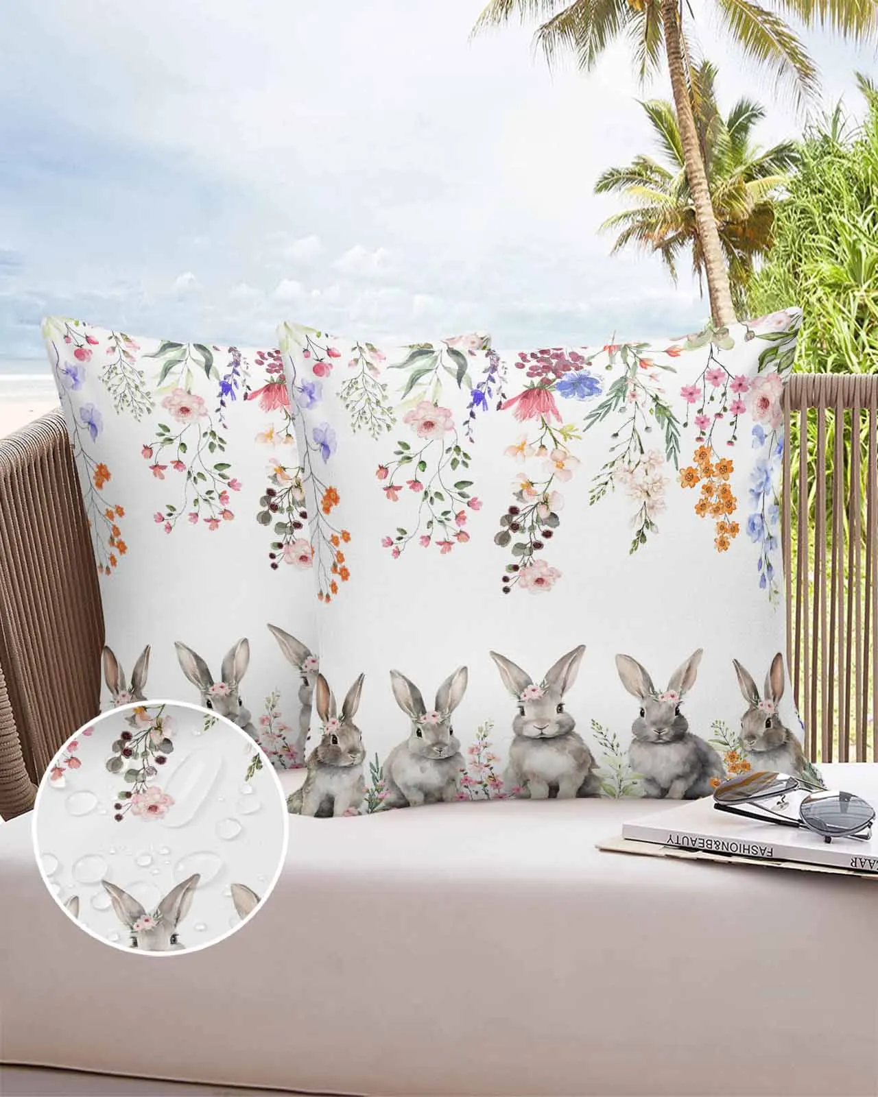 

2/4PCS Easter Herbaceous Plant Rabbit Watercolor Waterproof Cushion Cover For Home Decoration 40/45/50/60/66cm Pillowcase