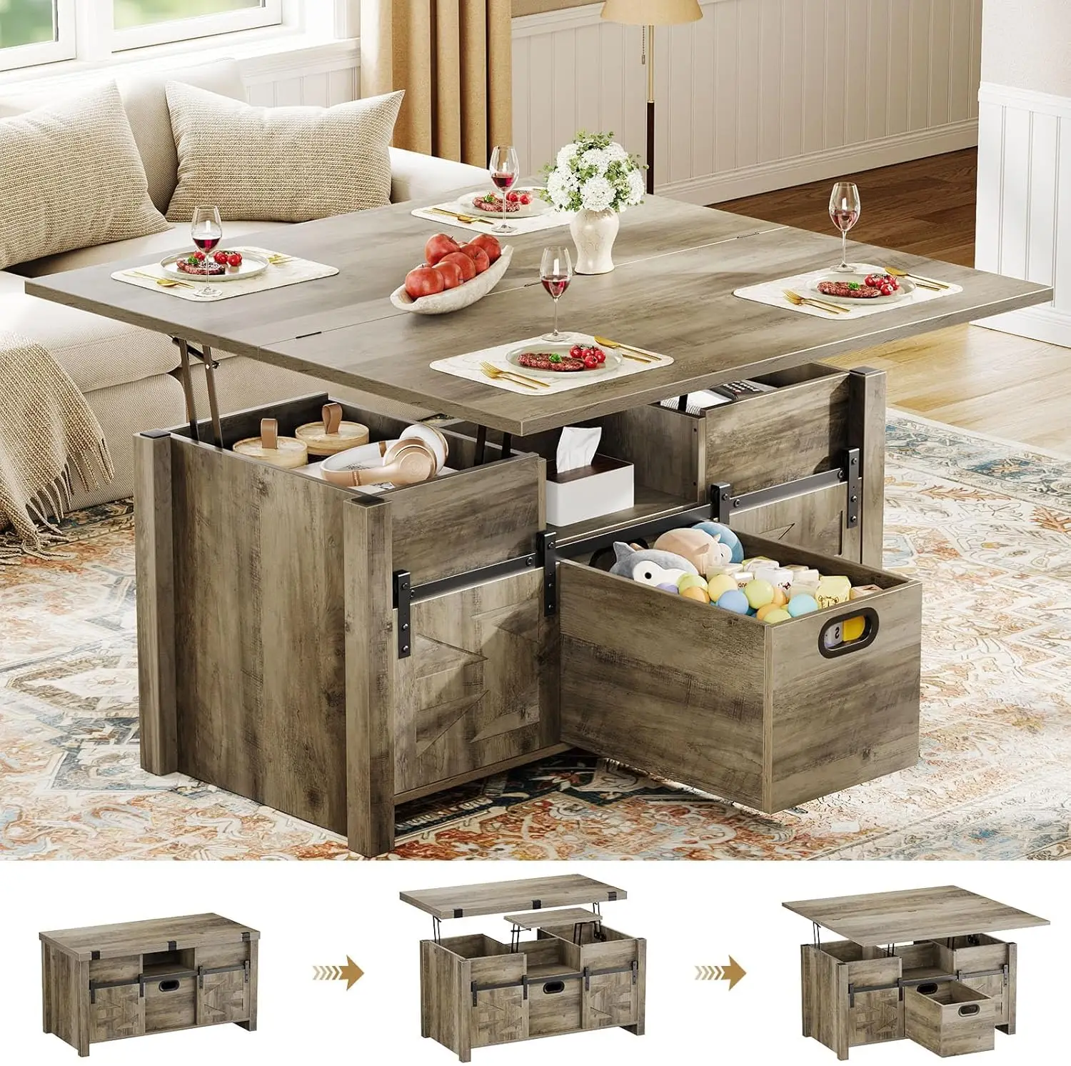 

40" Farmhouse Lift Top Coffee Table with Sliding Barn Door,4 in 1 Multi-Function Coffee Tables,Converts to Dining Table,Grey