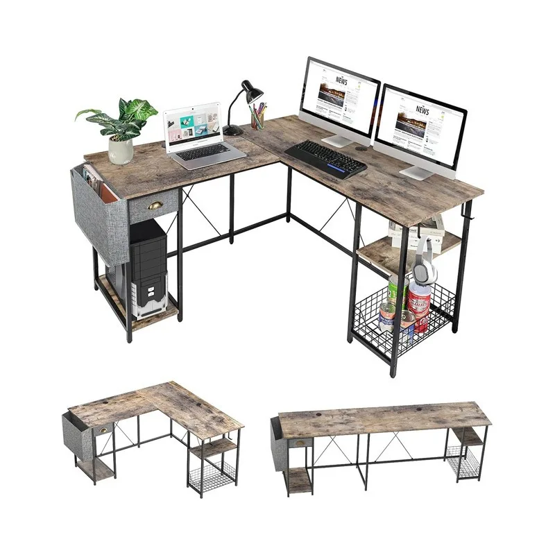 Household Double Computer Large Capacity Corner Storage Rack Office Iron Wood Desk with Drawer