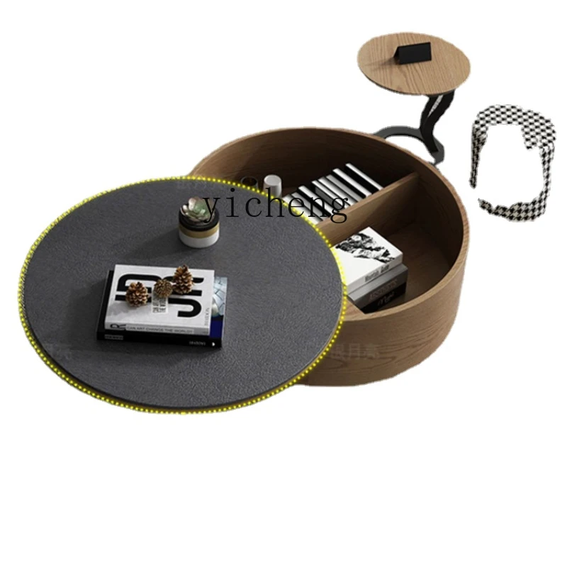 Zk round Rotating Stone Plate Tea Table Combination Living Room Home Small Apartment Firestone Glass Storage