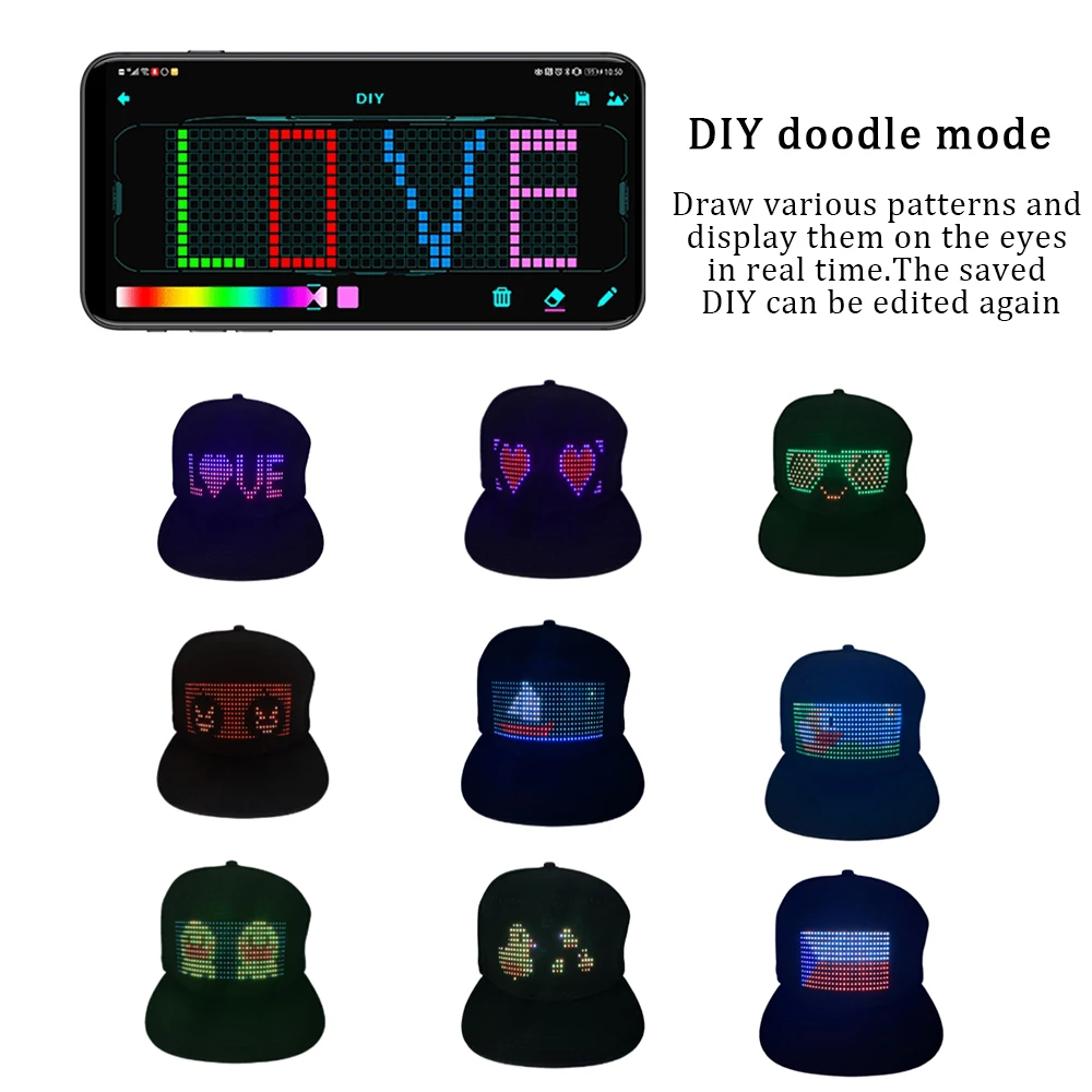 Programmable RGB LED Hat Bluetooth Shining Caps APP Control Editing Words Bar Hip Hop Electronic Prop For Christmas Party