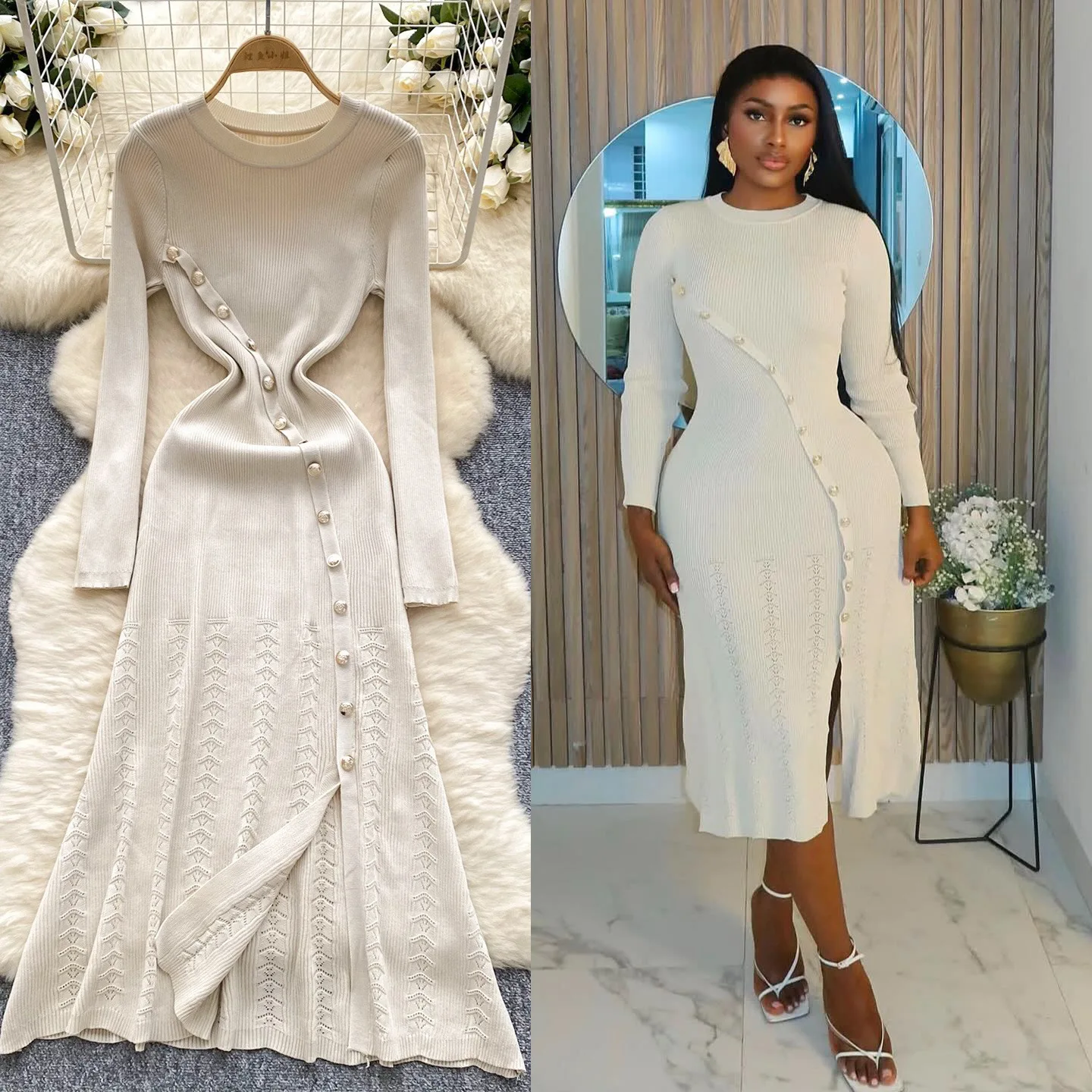

Mid Length Dress Women Dresses Knitted Vestidos Streetwear Bodycon High Waist Elegant Splice Button Y2k Party Club White 2025