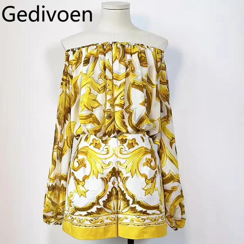 

Gedivoen Summer Fashion Runway Designer Women's Shorts Sets Cotton Bohemian Print Slash neck Tunic+Loose Shorts Two Pieces Set