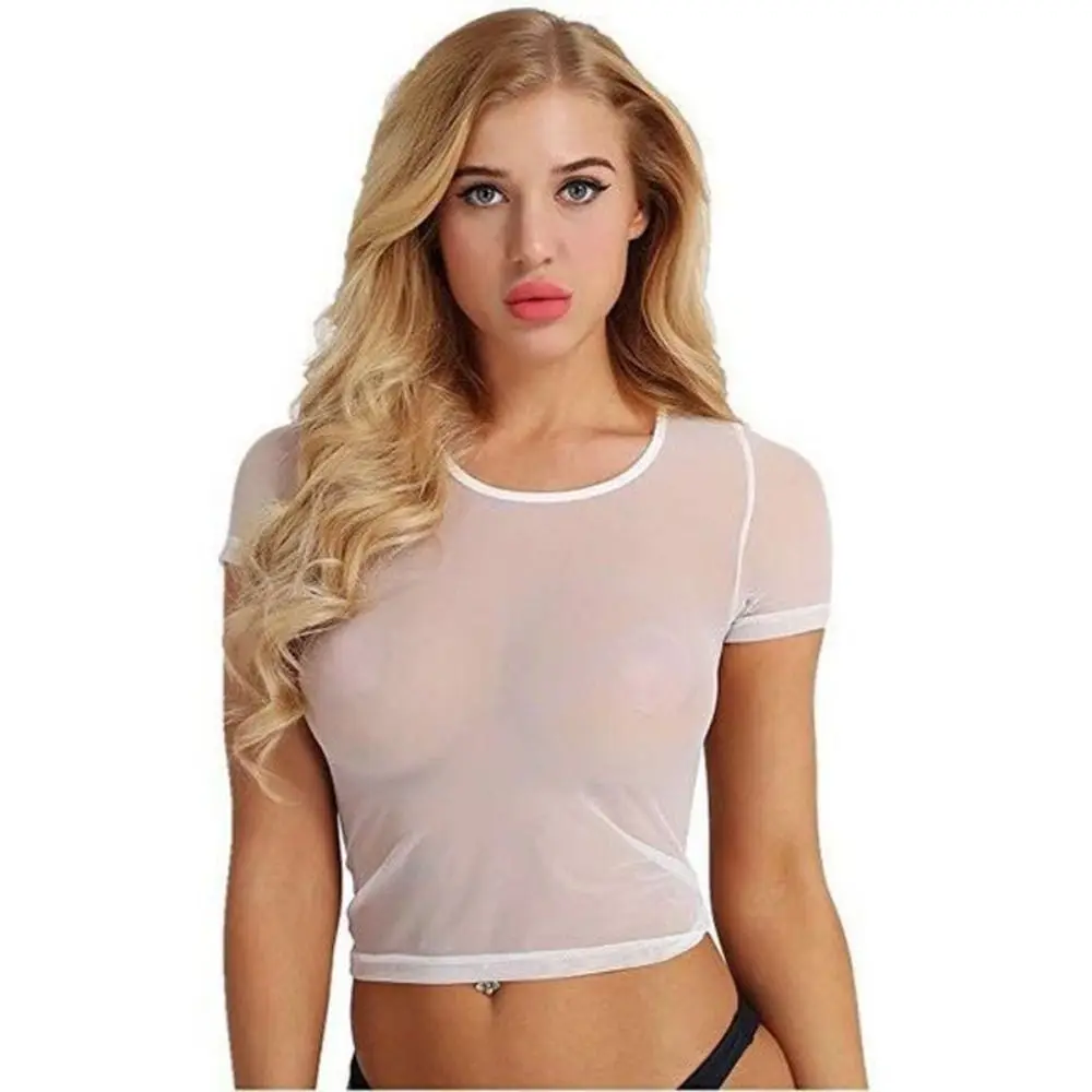 Chemise en Maille Transparente et Extensible pour Femme, Pyjama Court et Confortable à Col Ras du Cou