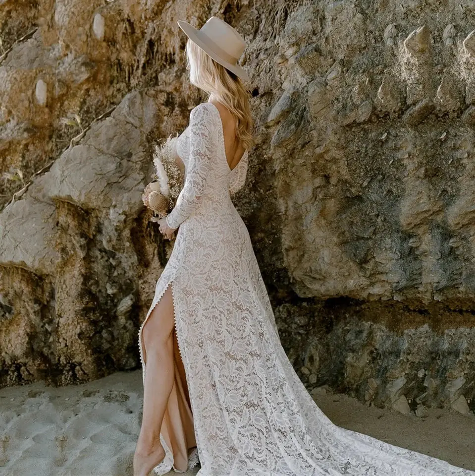 Vestido De novia bohemio De encaje personalizado, vestidos De novia De playa con espalda descubierta y abertura lateral De manga larga, Vestido De novia 2024