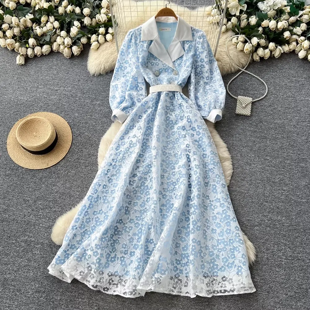 

Elegant Flower Embroidery Lace Formal Dress Women 2026 Notched Lantern Sleeve Diamond Buttons Casual Belt Long Party Vestidos