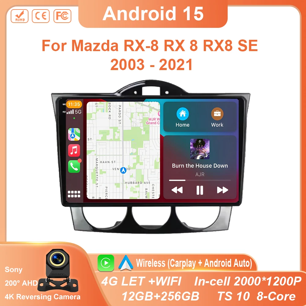 

Android 15 For Mazda RX-8 RX 8 RX8 SE 2003 - 2021 Car Video Multiemdia Player Radio Carplay GPS Monitors IPS Screen BT WIFI QLED