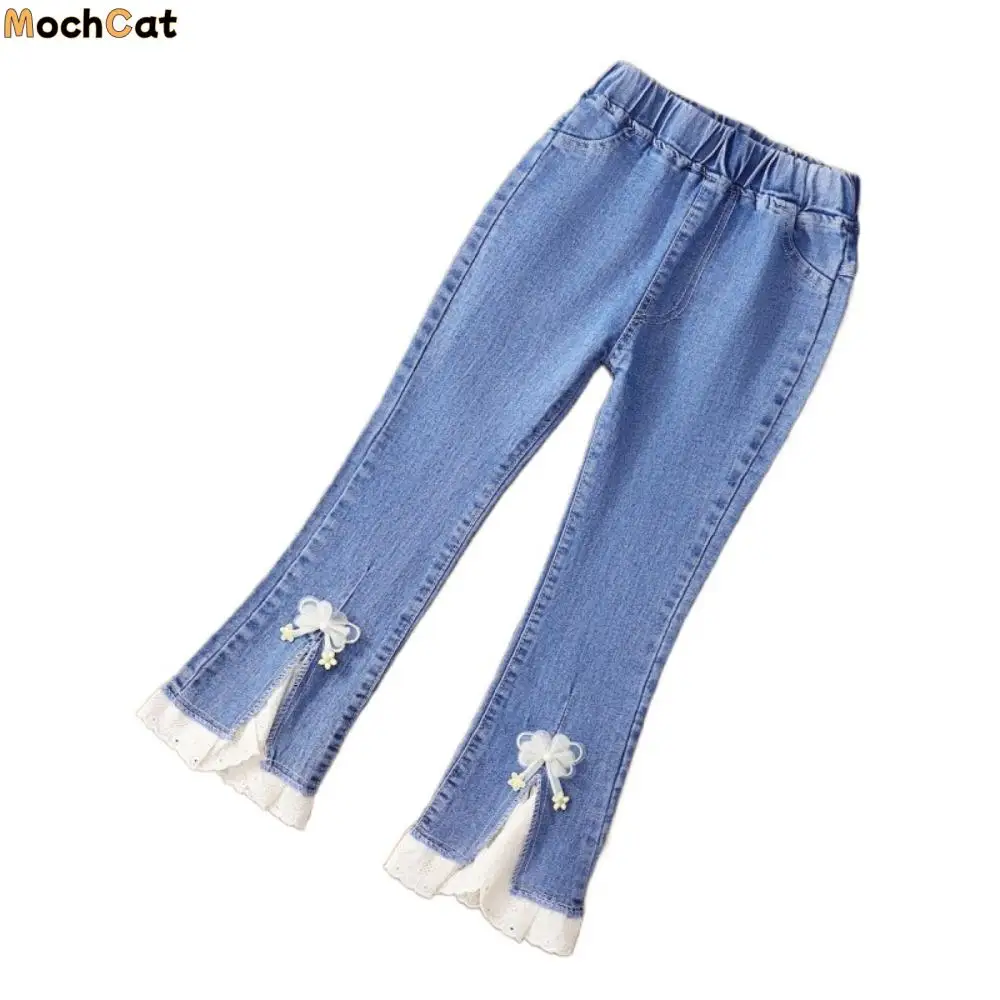 

Простые кружевные джинсы Y2k с бантом, нерегулярные свободные брюки-клеш для подростков, широкая одежда, ковбойские брюки с разрезом для девочек, уличная одежда