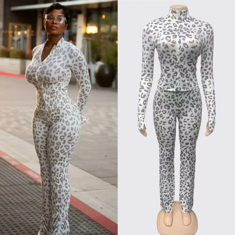 سليم ليوبارد سترة السراويل امرأة سحاب أكمام طويلة البنطال القصير المرأة ربيع الخريف الملابس مجموعة أزياء الشارع الشهير #1