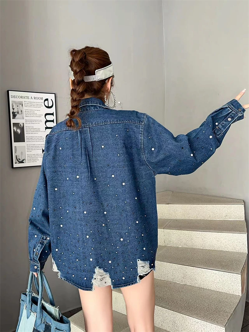 Loose Cool Hole Hot Drilling Shirt for Women 2024 Spring New Streetwear Boyfriend Style Washed Long Sleeve Denim Blouses Female