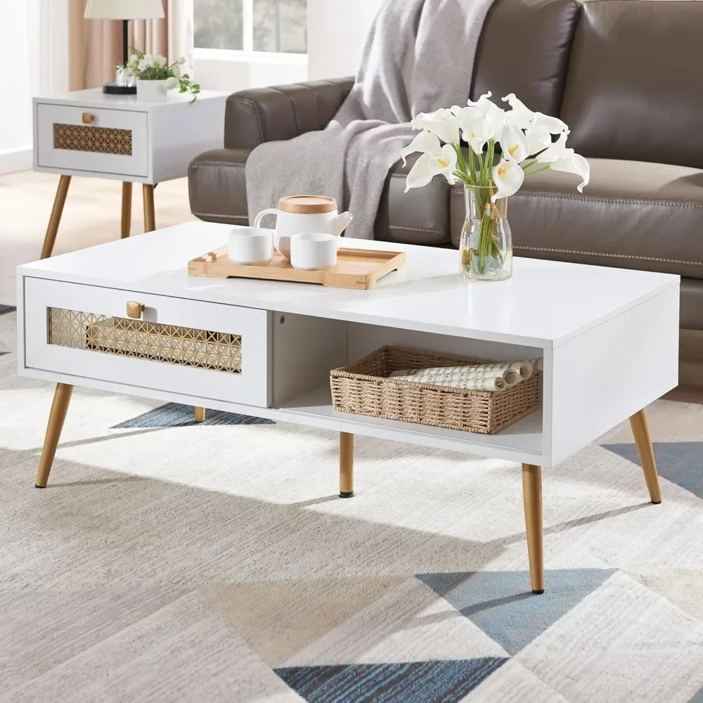 

Wooden Mid-century Modern Coffee Table, Rectangular Coffee Table with Sliding Doors for Living Room