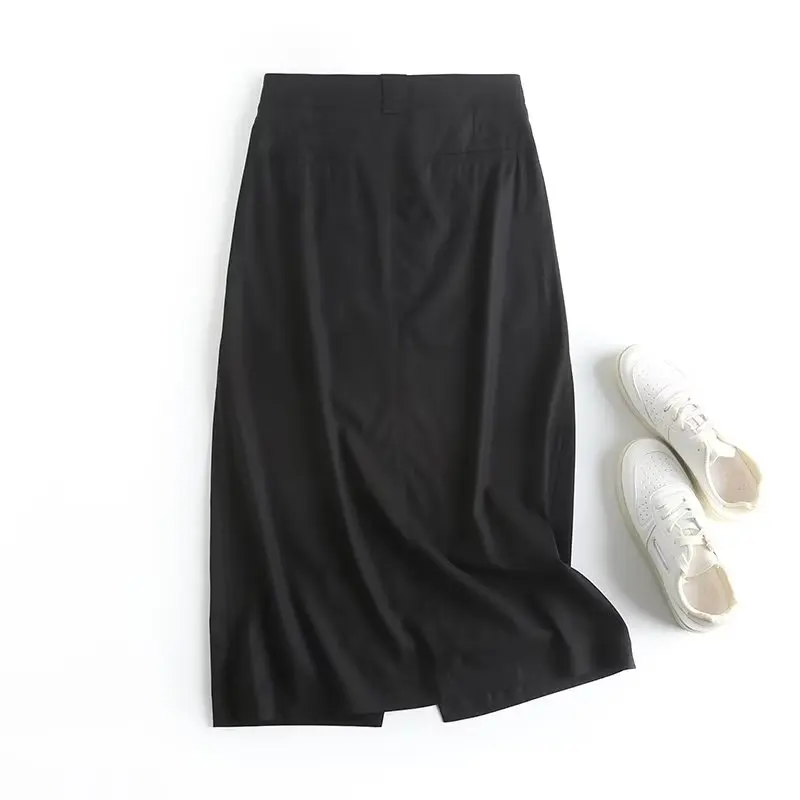 Maxdutti  Indie Folk Fashion Retro  Skirt Women Black Midi Skirt Casual Office Lady Linen Split