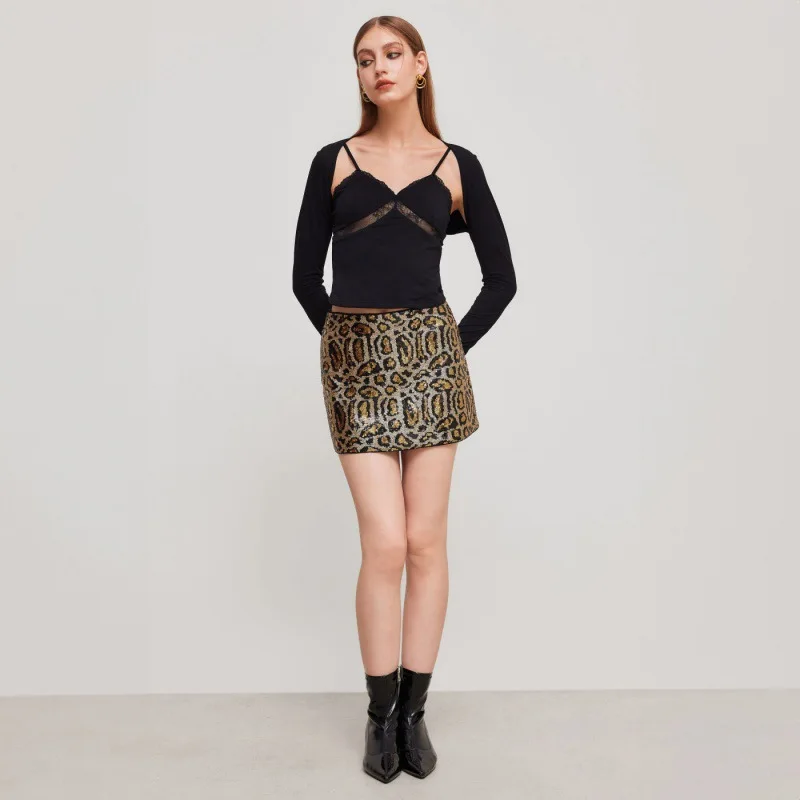 Sexy Leopard Sequins Mini Skirts Women Fashion Sparkling Low Rise Skinny Skirt Sexy Party Female Streetwear Clothes 2025 Summer