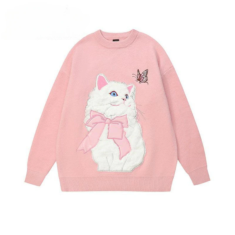 Women\'s O-neck Lazy Style Soft Waxy Cute Cat Embroidery Pullover Sweaters Autumn Winter Sweet Age-reducing Loose Casual Knitwear