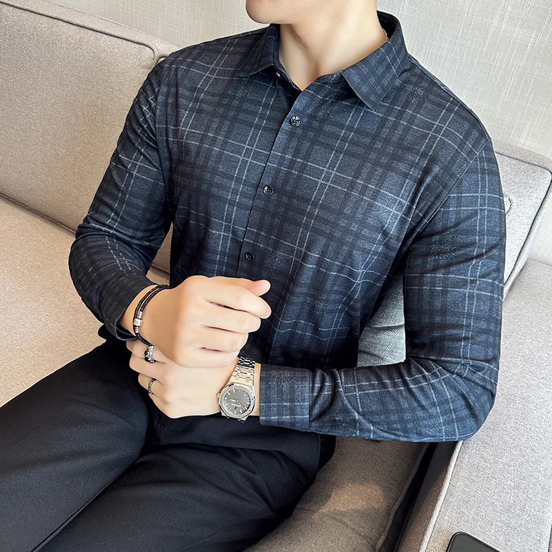 Summer Fashion Random Plaid Shirt Men Long Sleeve Casual Slim Fit Elastic Anti-wrinkle Shirts Tops Cotton Chemise Homme