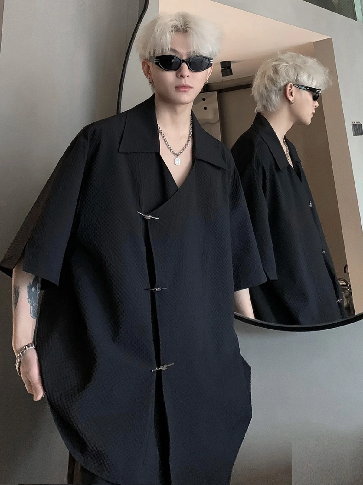 

Черная рубашка в китайском стиле с коротким рукавом, мужская летняя рубашка свободного кроя с боковыми пуговицами и рукавом 7/8, молодежный тренд