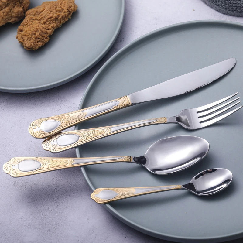 

1/4/6set Dinnerware Set Vintage Western Gold Plated Dinner Fork Knife Golden Cutlery Set Stainless Steel Engraving Tableware