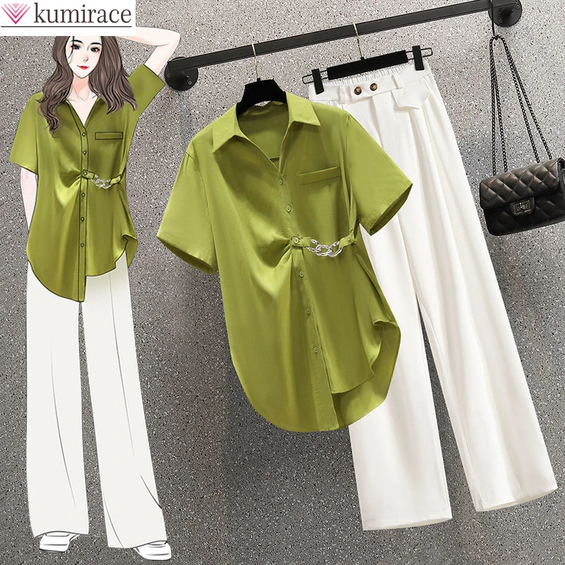 2022 Loose Casual Elegant Women's Pants Set Chain Decorative Chiffon Shirt Work Trousers Two Piece Set Female Tracksuit Blouse