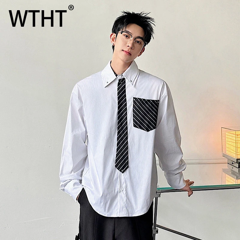 

Модные мужские рубашки WTHT с контрастными вставками и имитацией галстука, трендовые летние модели 2026 года с отложным воротником и длинными рукавами, мужские топы 2A2853