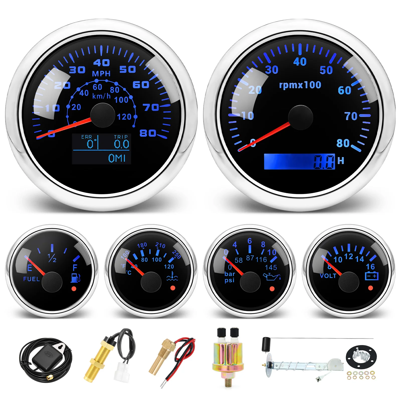 6 Gauge Set with Senders 85MM GPS Speedometer 80MPH 8000RPM Meter Tachomter Fuel Gauge Volt Water Temperature Oil Pressure 9-32V