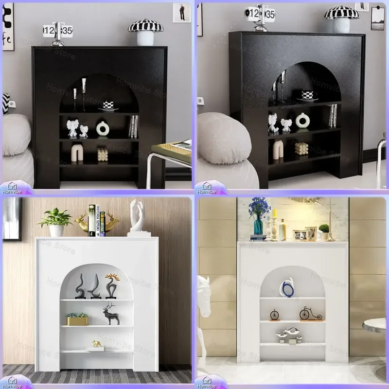 for French Style Fireplace Cabinet Decorative Storage Unit for Indoor Living Room Black White Simple Design Entryway