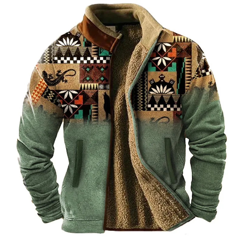 

Winter Men's Long Sleeved Full Zipper Wool Lined Jacket, Warm in Winter, Thick and Fashionable, Home Wear, Plush Ethnic Pattern