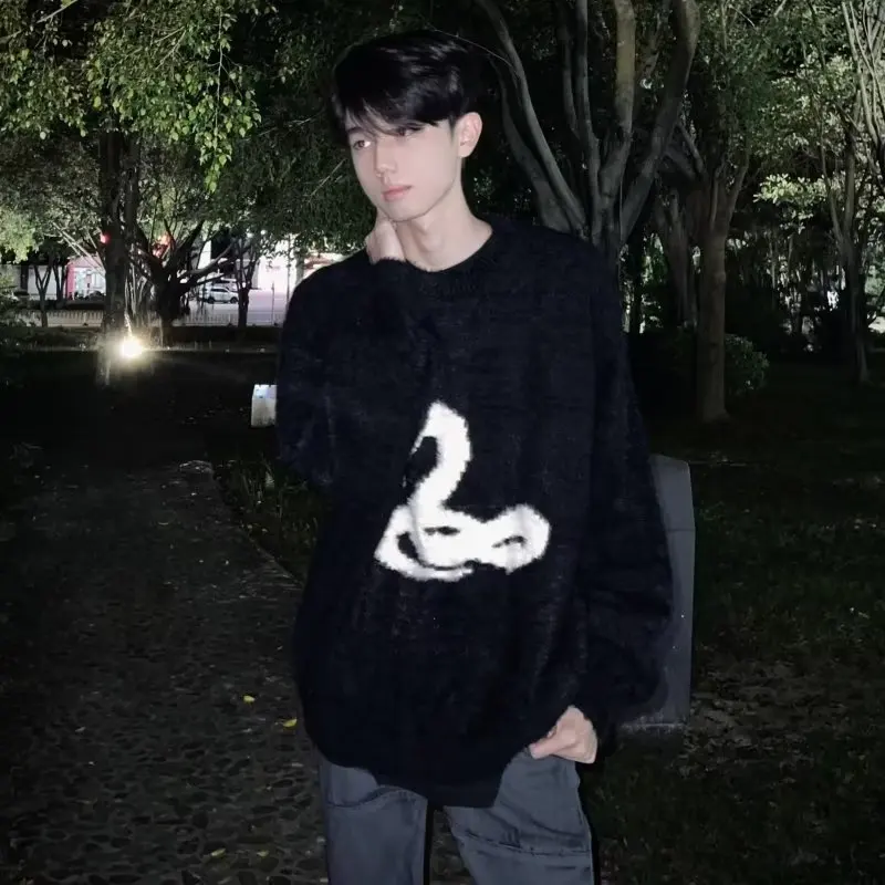 

Retro Japanese Sle Oversized Knitted Sweater for Men with Baseball Collar Long Sve Winter Faion Casual Loose Fit