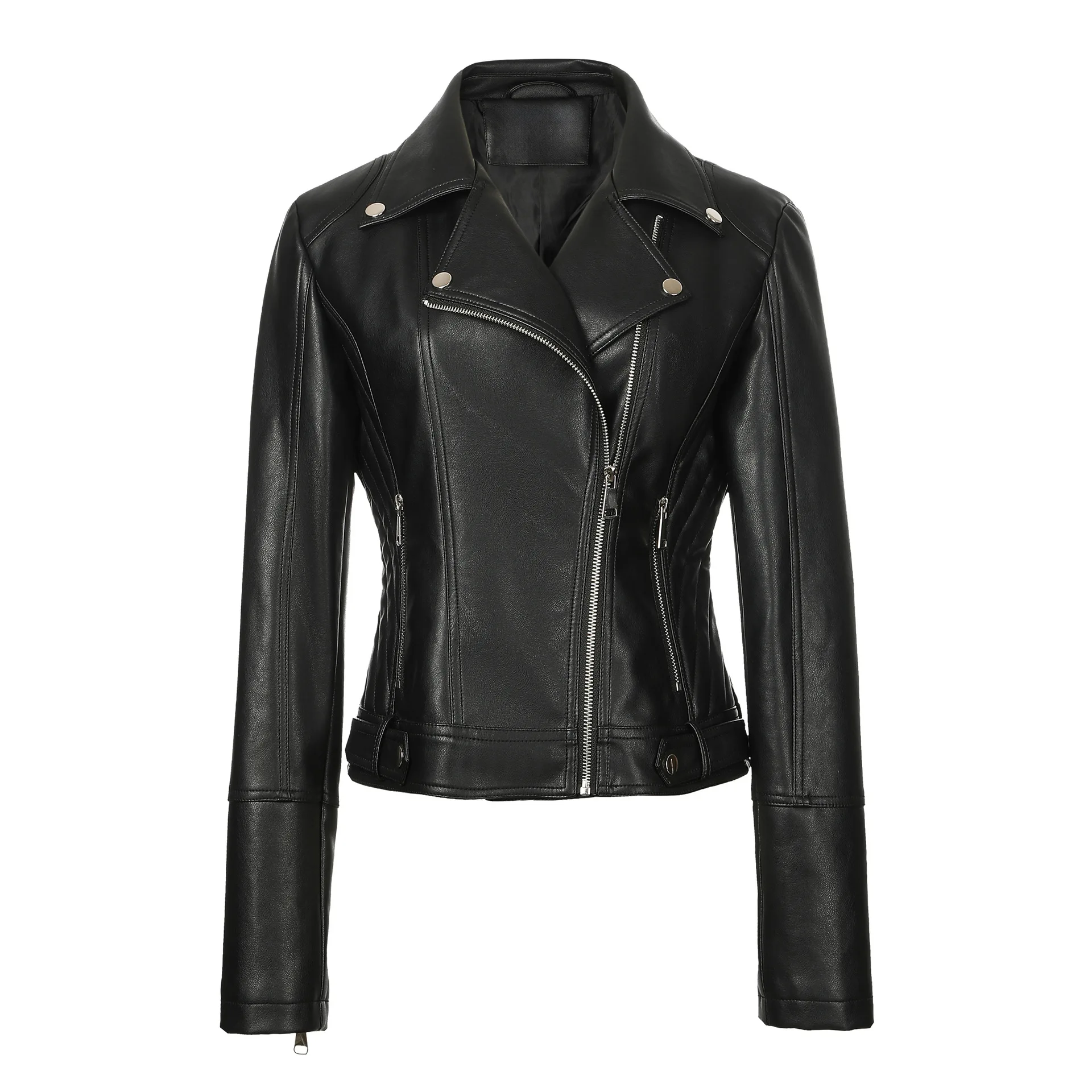 Motorcycle plus size women's PU jacket, slim fit short version top, multi zipper leather jacket, street fashion leather jacket