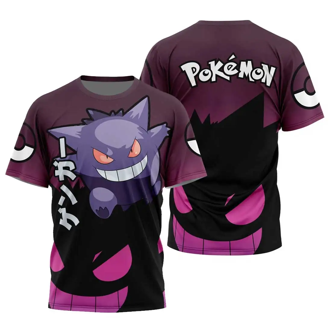 Pokémon Animation Derivatives Gengar 3D Printing T-shirt Men's and Women's Summer Oversize Loose Street Trend Hip Hop Boys Top