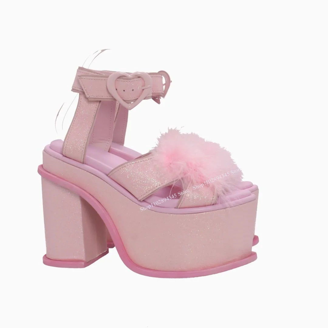 

Pink Fur Decor Platform Sandals Buckle Strap Hollow Shallow Fashion Sexy Novel Style 2023 Summer Woman Shoes Zapatillas Mujer