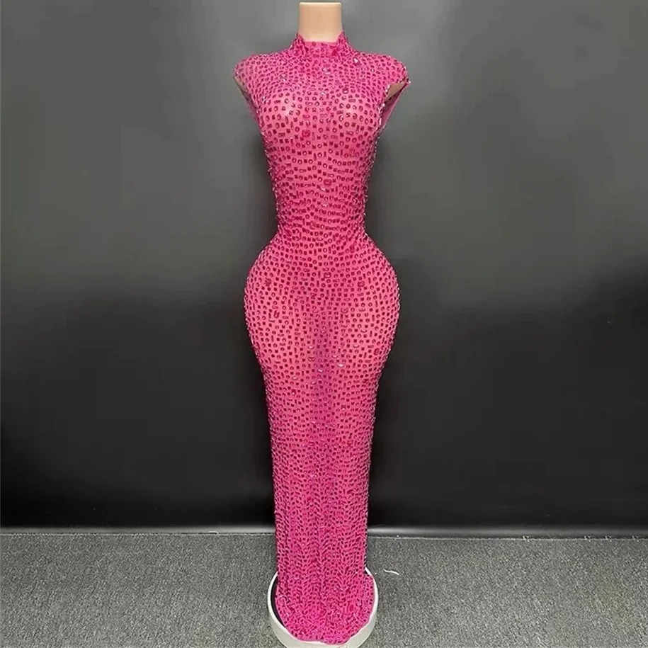 Luxury Rhinestones Fuchsia Sexy See Through Backless Sheath Dress Evening Party Performance Nightclub Singer Dancer Stage Wear