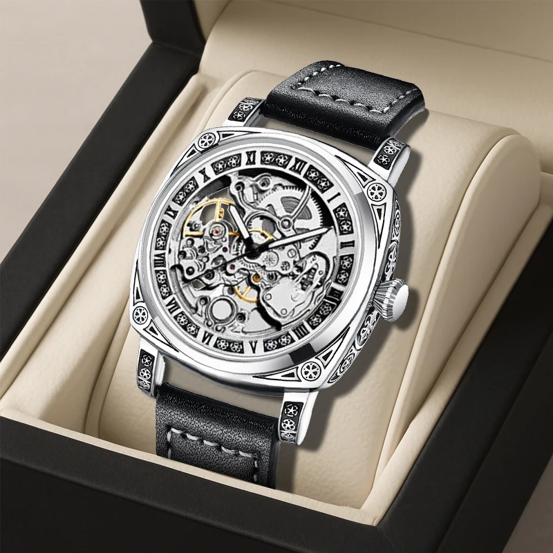 

Мужские деловые винтажные часы с черным ремешком и турбийоном, с римскими цифрами, полностью автоматические механические часы